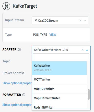 The configuration screen for a Kafka target. The Adapter drop-down selector is open, listing several different adapters including KafkaWriter.