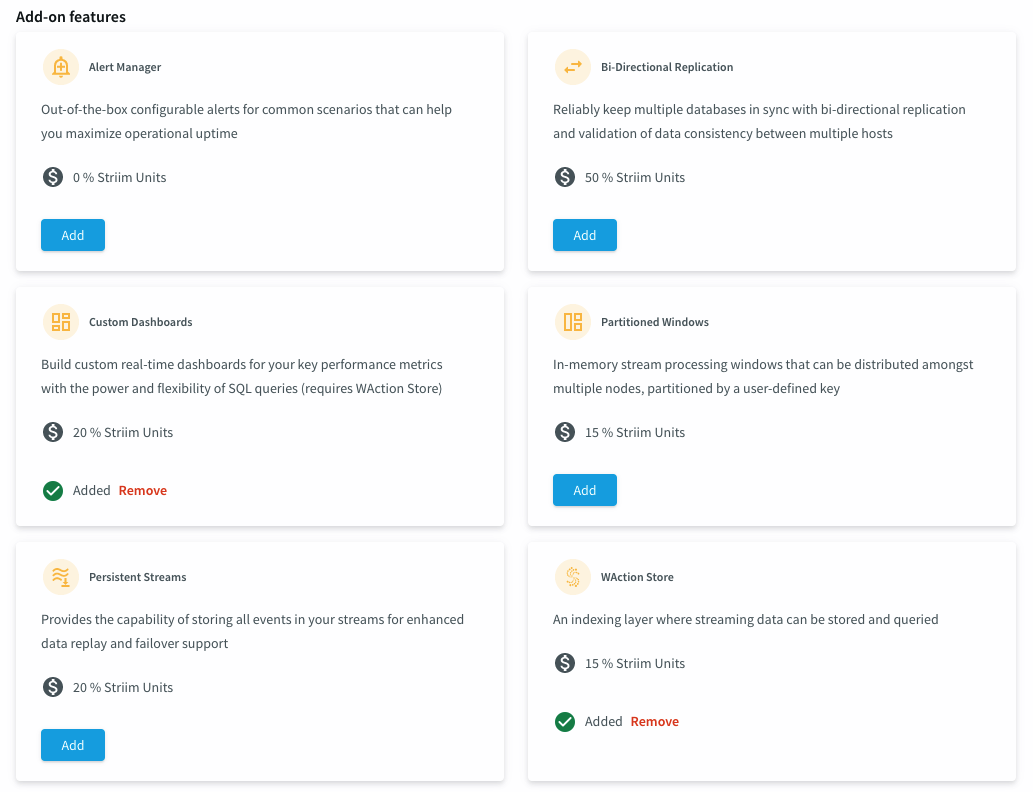 Displays the Add-on features window when deploying Striim Cloud in Azure. Available add-on features include ​Alert Manager​​, ​Bidirectional replication, partitioned windows and persisted streams.